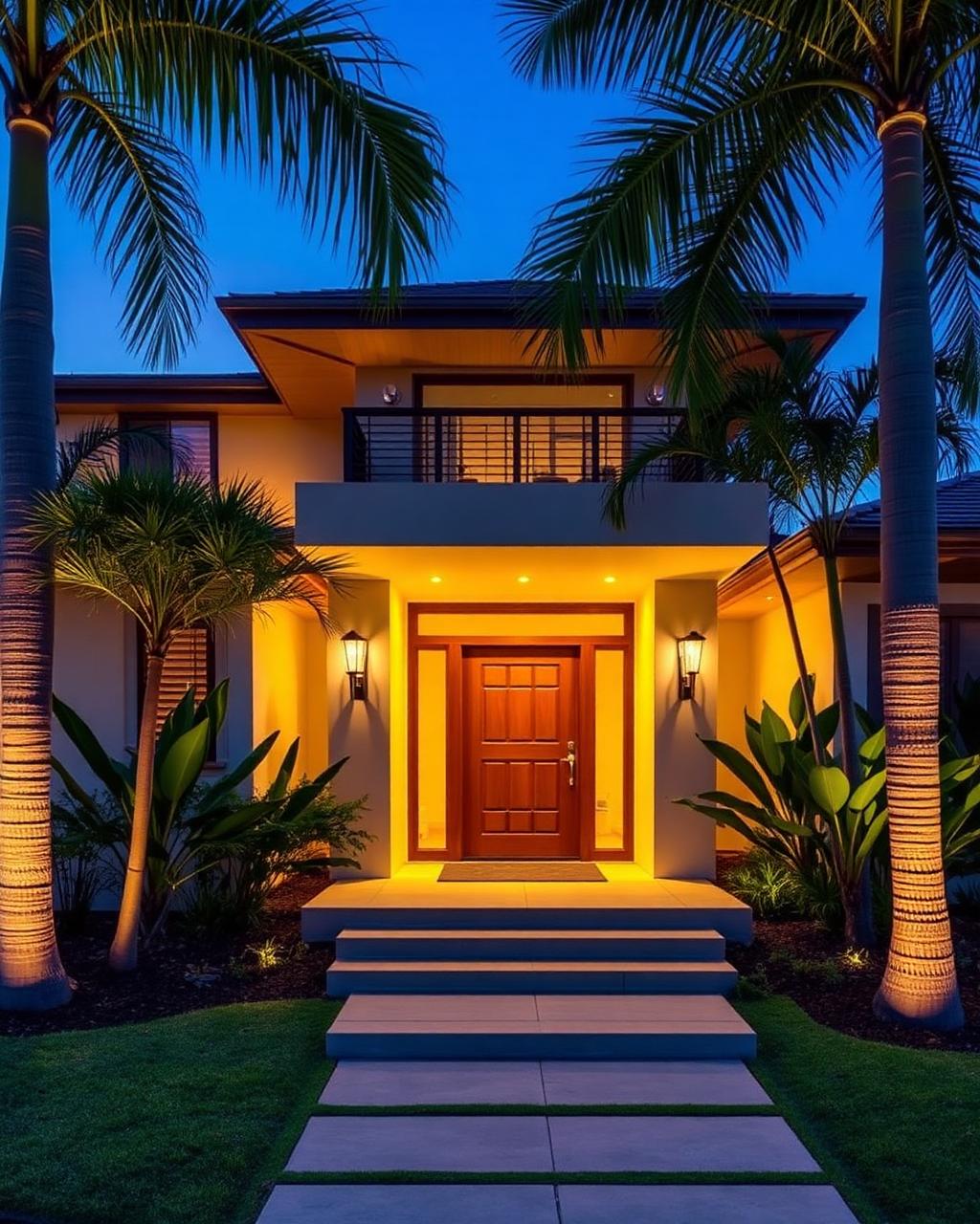 Modern luxury home entrance in Panama at dusk